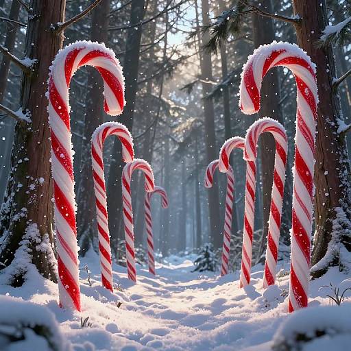 Photograph of glowing red and white striped candy canes standing in a snowy forest, surrounded by snow-covered trees and sunlight filtering through the trees.