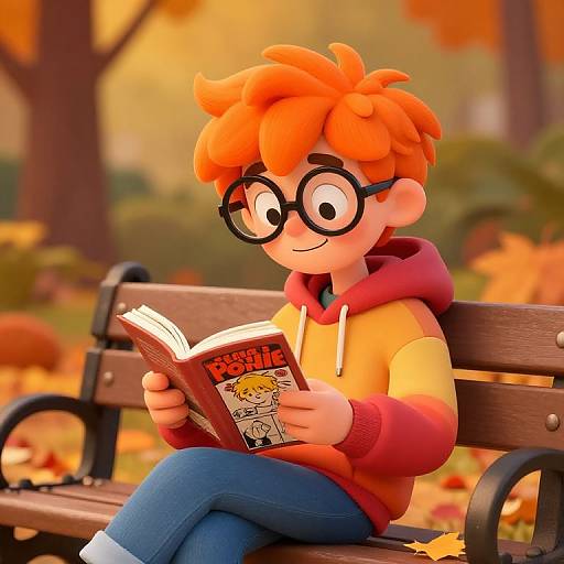 Cartoon boy with orange hair, big glasses, and red hoodie reads 