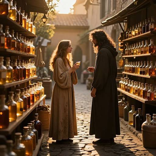 Photograph of a sunlit, cobblestone alleyway with illuminated shelves of amber liquor bottles. A woman in a beige, flowing robe and a