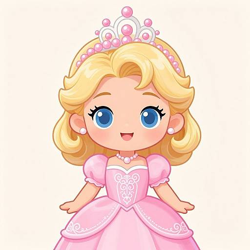 Cute chibi-style digital drawing of a blonde princess with big blue eyes, wearing a pink tiara, dress, and pearl necklace.