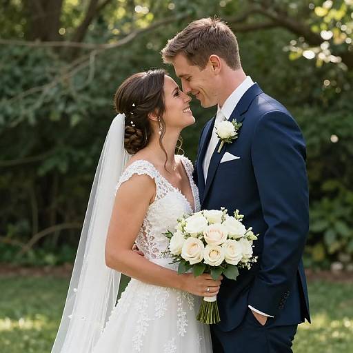 Photograph of a smiling bride in a white lace dress and veil, and groom in a navy suit, sharing an intimate moment with a bouquet of white