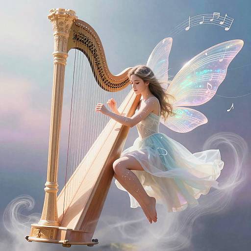 Ethereal Fairy Harpist with Translucent Wings