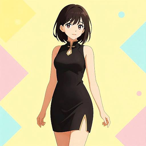 Vibrant Anime Woman in Black Dress