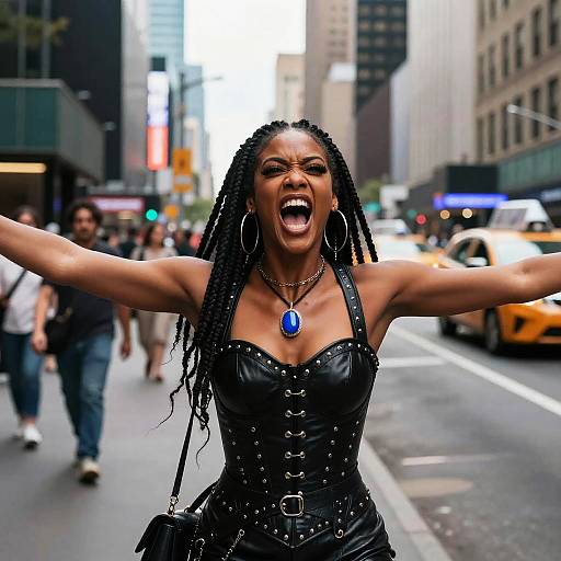 Photograph of a fierce, dark-skinned woman with braided hair, wearing a black leather corset, blue pendant, and hoop earrings, shouting
