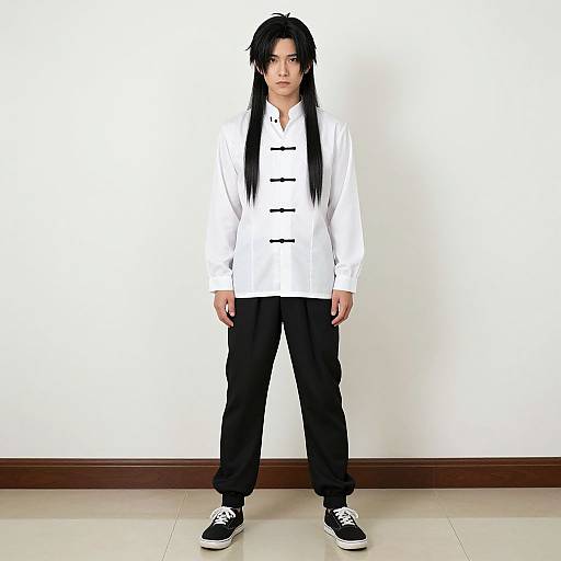 Photograph of a young Asian man with long black hair, wearing a white button-up shirt with black buttons, black pants, and black sneakers, standing