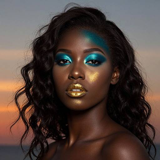 Photograph of a dark-skinned woman with glowing blue and gold eye makeup, shimmering gold lips, and wavy black hair against a sunset sky