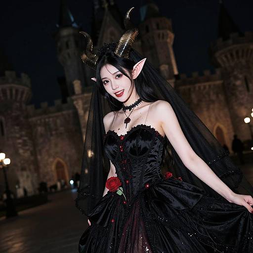 Digital artwork of a smiling, pale-skinned, elf-like woman with black horns, long black hair, and a black, strapless, gothic