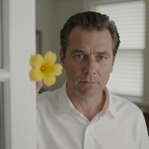 Photograph of a serious, middle-aged man with blue eyes, wearing a white shirt, standing in a doorway with a yellow flower on the left.