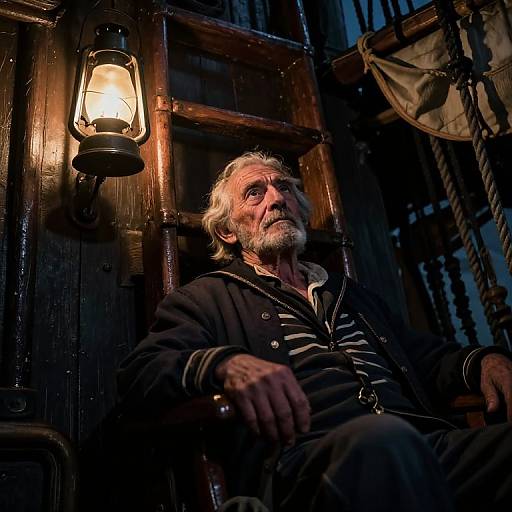 Photograph of an older man with gray beard, wearing dark striped shirt, sitting in dimly lit wooden room, illuminated by lantern.