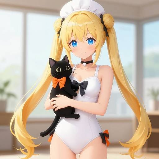 Anime Girl in White Swimsuit with Cat