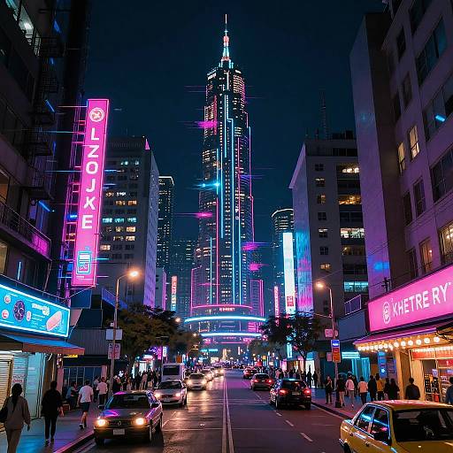 Neon-lit urban street at night, vibrant pink, blue, and purple signs, crowded with cars and pedestrians, towering skyscraper in background.