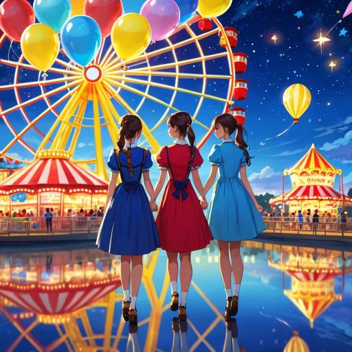 Girls in Colorful Dresses at Amusement Park