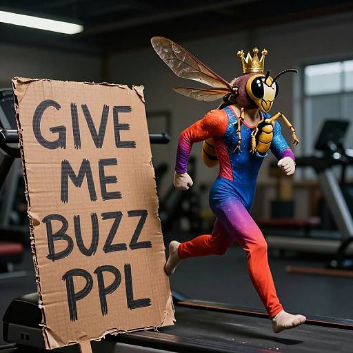 Photograph of a person in a bee costume with wings, crown, and black mask, running on a treadmill, holding a 