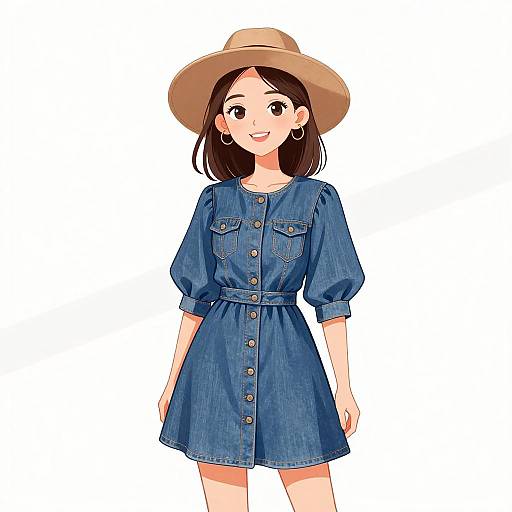 Smiling Woman in Denim Babydoll Dress