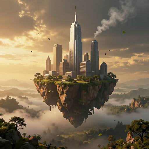 Digital artwork of a futuristic cityscape on a floating cliff, with tall skyscrapers, lush greenery, and misty valleys below at sunset.
