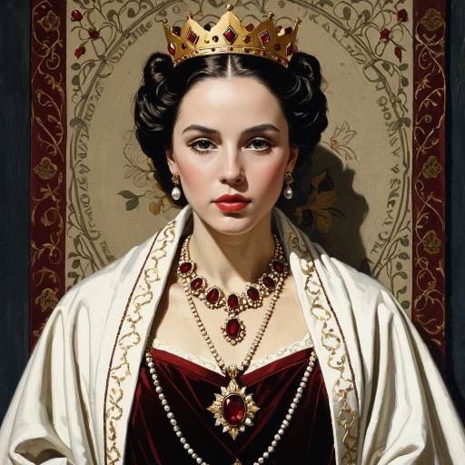 Regal Woman in Golden Crown and Ruby Necklace