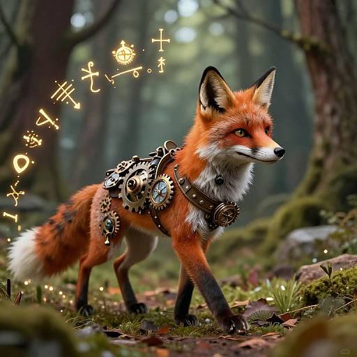 Photorealistic digital art of a red fox in a forest, wearing intricate, steampunk-style gear, with glowing runes floating beside it.