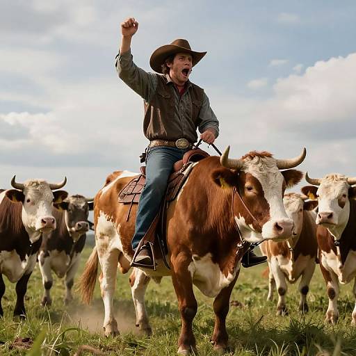Photograph of a smiling cowboy with brown hat and jacket, riding a brown-and-white cowhorse, raising his fist, surrounded by cows in a green