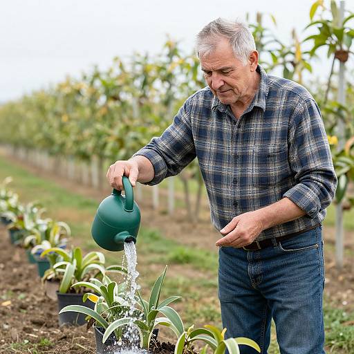 Photograph of an older white man with gray hair watering young plants in a garden, wearing a blue plaid shirt and jeans.