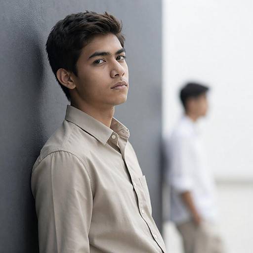 Young Man Leaning on Wall with Serious Expression