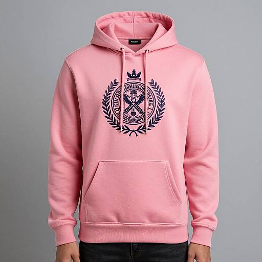 Photograph of a person wearing a light pink hoodie with a black emblem featuring a crown and laurel wreath on the chest, against a plain light