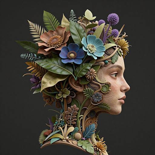 Photorealistic digital artwork of a human profile adorned with vibrant, detailed flowers, leaves, and insects, creating a nature-inspired, surreal headpiece.