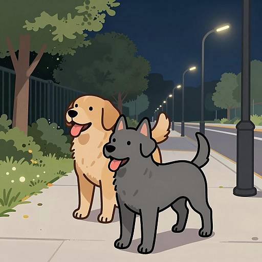 Two Animated Dogs on Nighttime Sidewalk