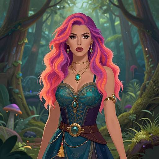Digital artwork of a fair-skinned woman with vibrant pink and purple wavy hair, wearing a teal corset dress with gemstones, standing in a