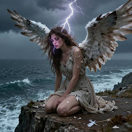 Digital painting of a winged woman with long brown hair kneeling on a rocky cliff, lightning striking above, ocean waves crashing in the background, wearing a