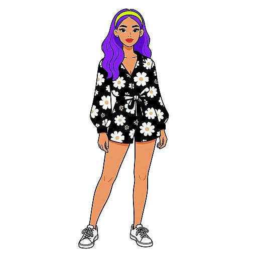 Digital illustration of a woman with purple and blue hair, wearing a black floral romper, white sneakers, and yellow headband, standing against a white