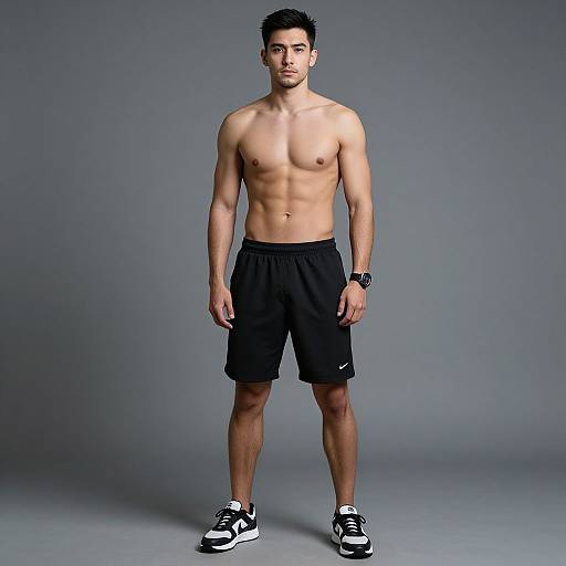 Photograph of a fit, shirtless Asian man with short black hair, wearing black shorts and black-and-white sneakers, standing against a gray background.