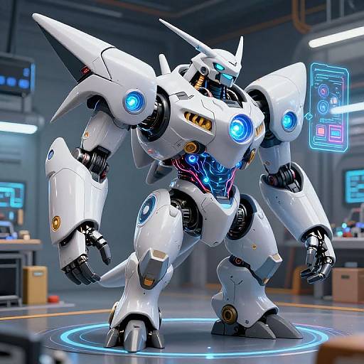 Photorealistic CGI of a white, blue-accented, humanoid robot with glowing blue eyes and lights, standing in a futuristic lab.