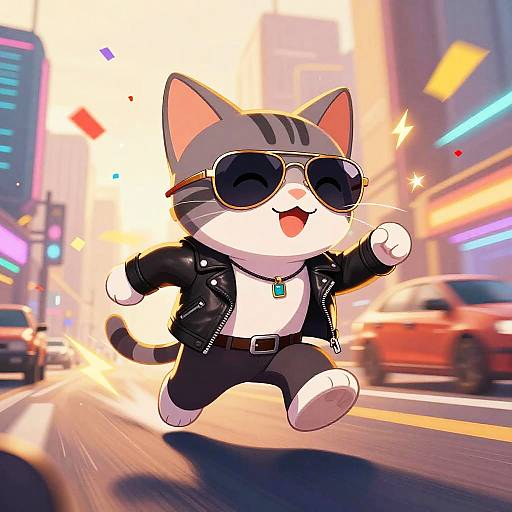 Chibi-style digital illustration of an anthropomorphic cat in sunglasses, black jacket, and pants, joyfully running through a vibrant, neon-lit city