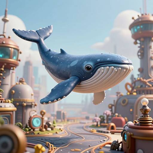 Digital illustration of a cartoonish blue whale with white underbelly flying above a whimsical, steampunk cityscape with winding roads and futuristic buildings