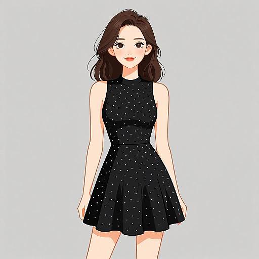 Digital anime-style drawing of a smiling young woman with fair skin, brown hair, wearing a sleeveless black dress with white polka dots, standing against