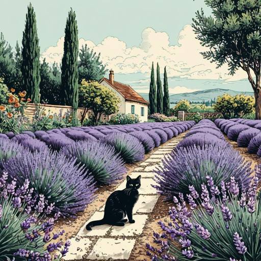 Vintage Lavender Garden with Cat