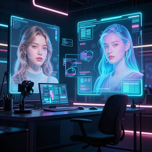 Neon-lit tech room with dual screens displaying blue and pink holographic portraits of a young woman with long hair. Modern workstation with laptop and chair