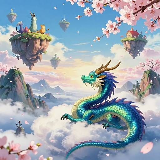 Digital fantasy artwork of a vibrant blue-green dragon with yellow horns soaring among floating islands and cherry blossoms, surrounded by fluffy clouds and distant mountains.