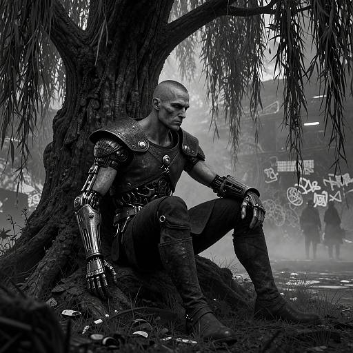 Monochromatic photograph of a bald, muscular man in futuristic armor, sitting under a tree, with graffiti-covered background and foggy atmosphere.