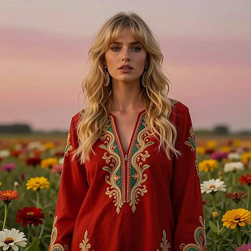 Blonde Woman in Embroidered Floral Field