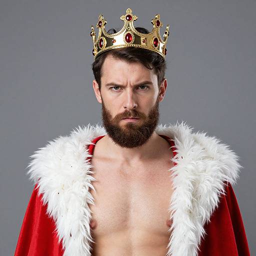 Photograph of a bearded man with a serious expression, wearing a gold crown and red velvet robe with white fur trim.