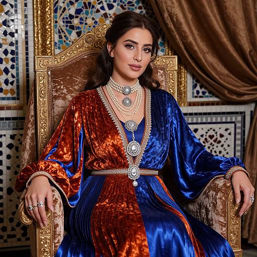 Photograph of a woman with long dark hair, wearing a rich, velvet robe in orange and blue, adorned with intricate jewelry, seated on an orn