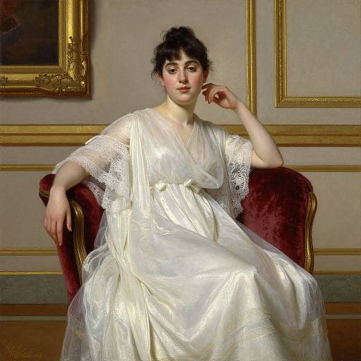 Photorealistic painting of a pale-skinned woman with dark hair in an elegant white lace-trimmed gown, seated on a red velvet chair,