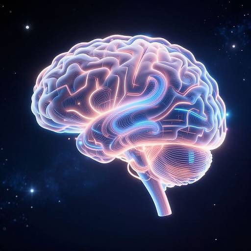 Digital CGI of a glowing, neon-colored human brain floating in space, with vibrant blue, pink, and white light outlines against a dark, star-filled