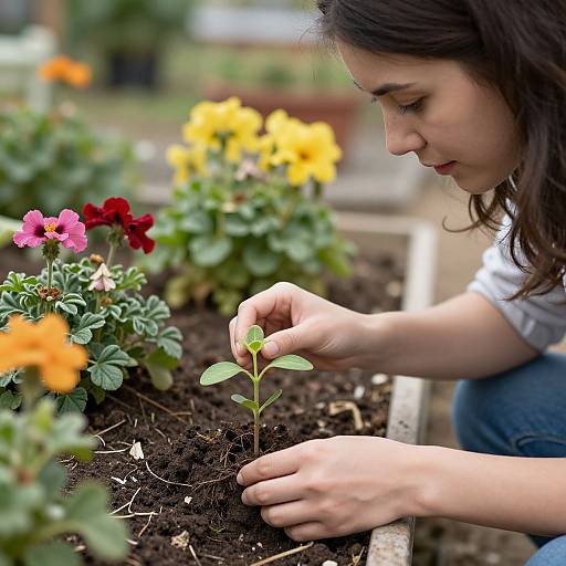 Photograph of a young woman with dark hair, wearing a white shirt and blue jeans, planting a small green seedling in a garden bed with vibrant