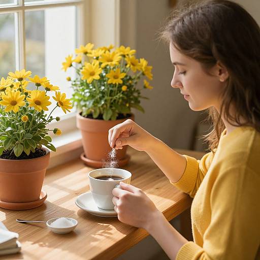 Photograph of a young woman in a yellow sweater, pouring sugar into a white cup on a sunlit wooden table, with two potted yellow d