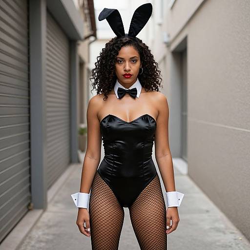 Confident Woman in Bunny Suit Alley