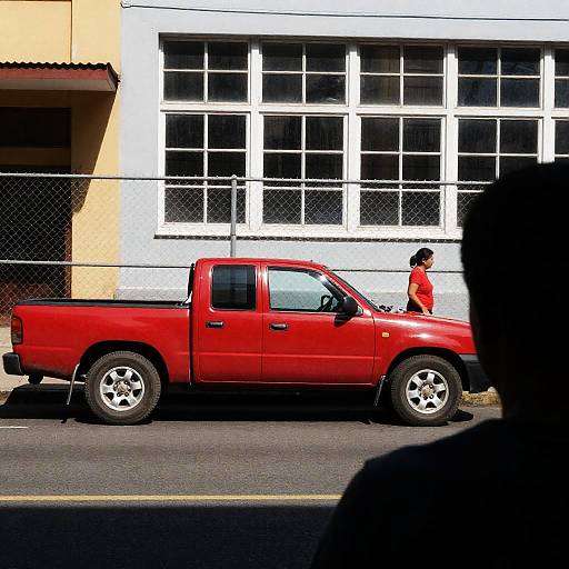 Red Truck and Woman by Chain-link Fence