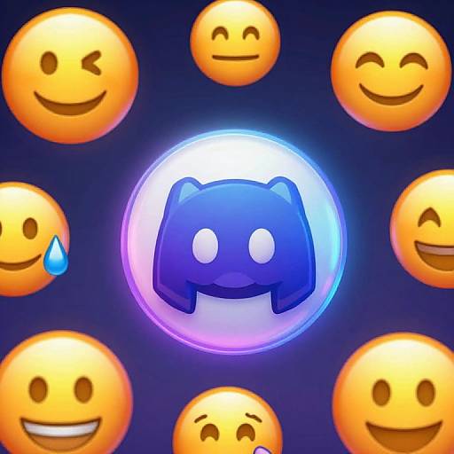 Digital illustration of a glowing blue cat emoji at center, surrounded by yellow smiley faces with various expressions on a dark blue background.