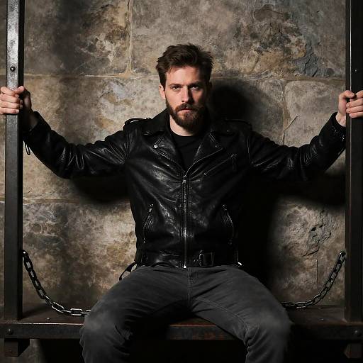 Man Chained to Metal Bars in Leather Jacket